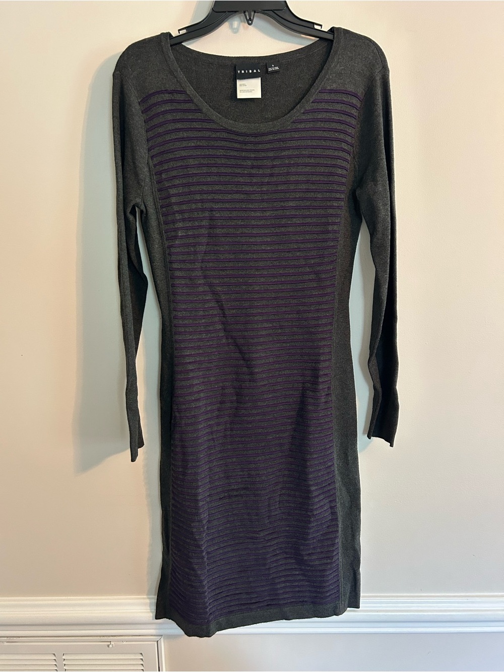 Tribal Long Sleeve Gray & Purple Striped Knit Dress